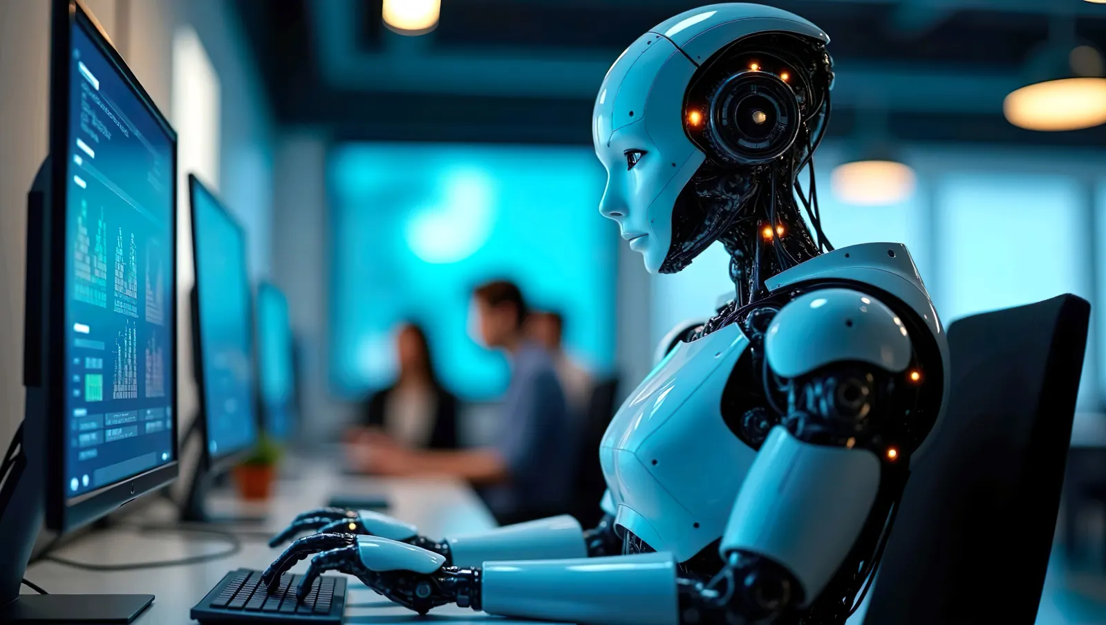 Robot humanoïde travaillant sur un poste dans un bureau