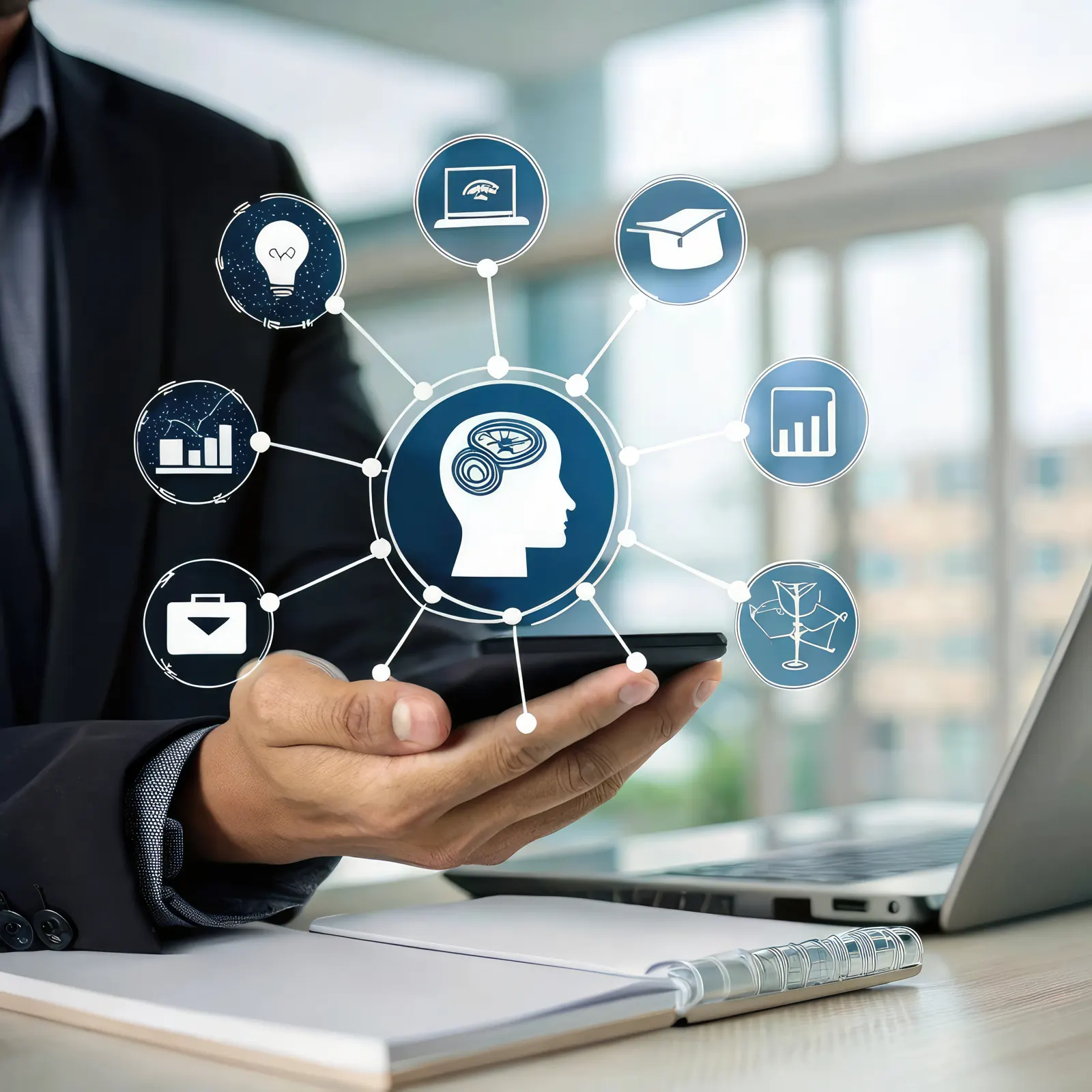 Collaborateur consultant la base de connaissances de l'entreprise sur son smartphone