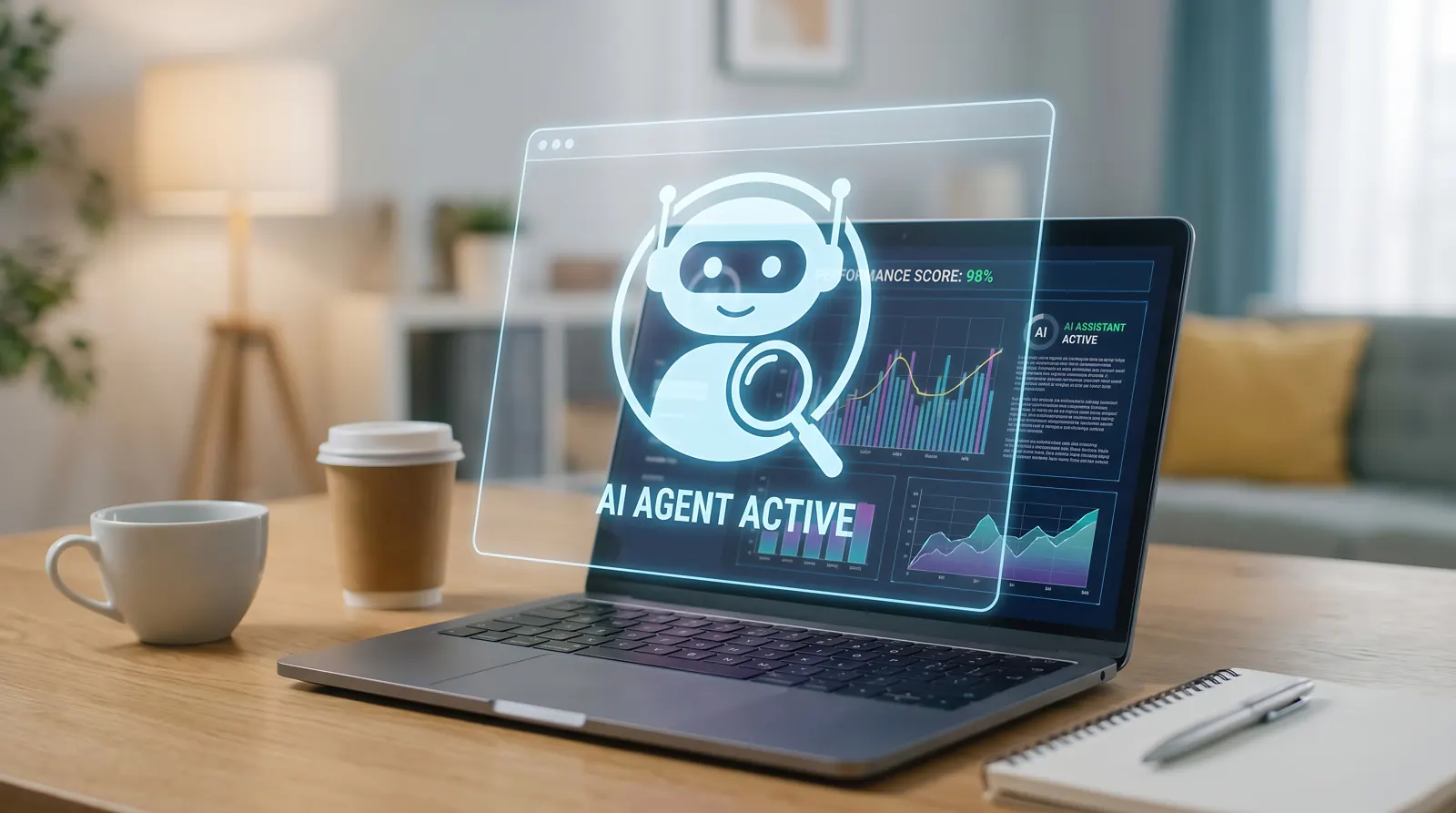 Agent IA actif sur l'ordinateur portable d'une petite entreprise, à côté d'une tasse de café