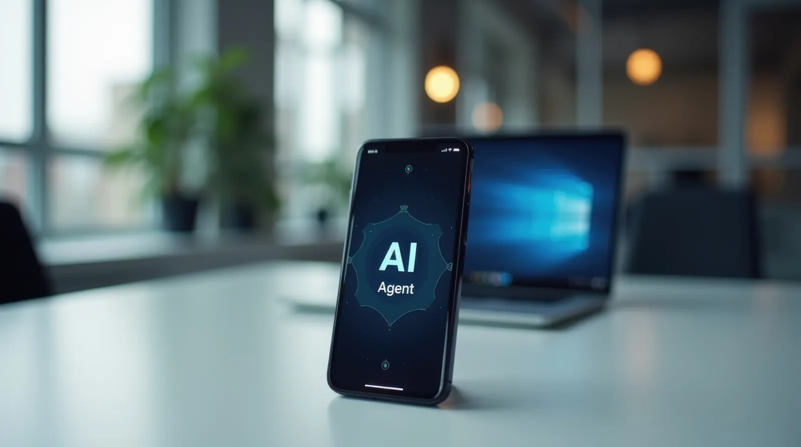 Smartphone affichant un agent IA sur un bureau